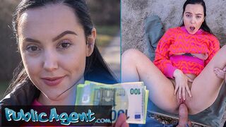 Young Spanish brunette with pert tits seduced in public into outdoor blowjob and sex